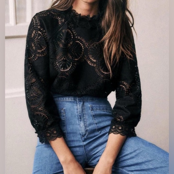 Sezane Becall Lace Long Sleeve Blouse Black Size FR 34/US 2 - Picture 2 of 10